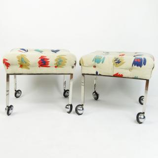 Appraisal: Pair of Mid Century Modern Rolling Chrome Upholstered Ottomans Pair