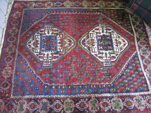 Appraisal: Hamadan Persian Handmade Rug double medallions on burguady field geometrics