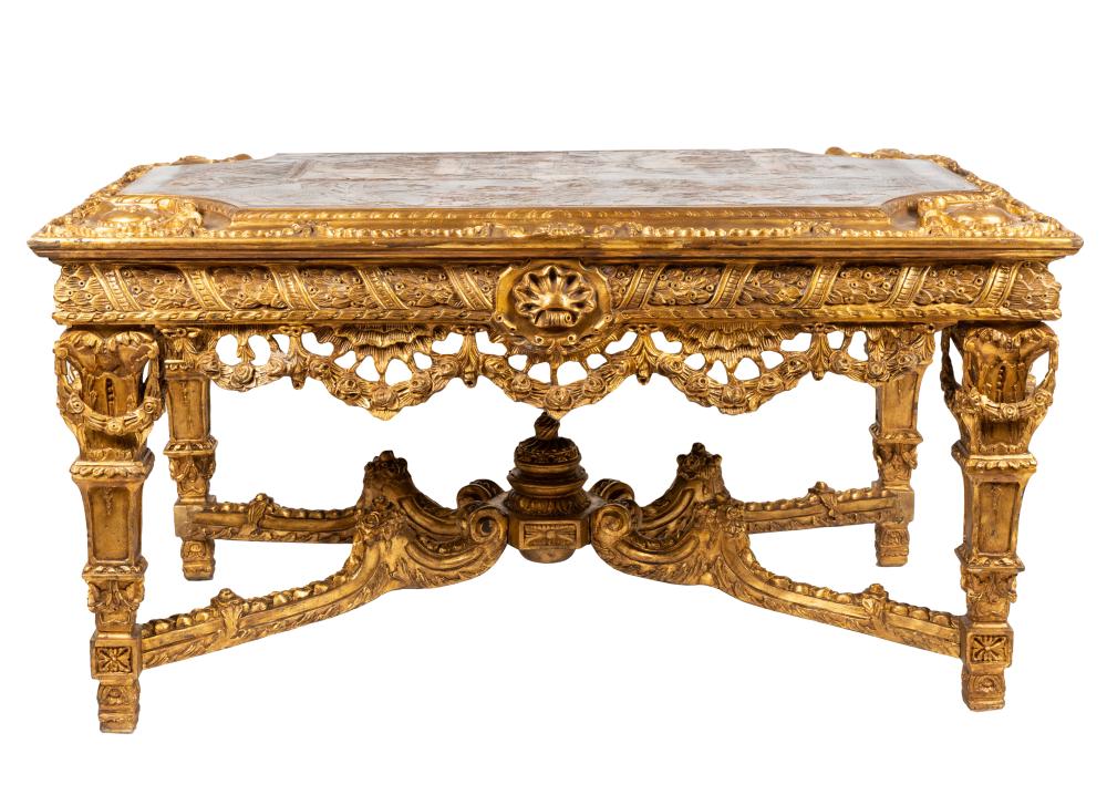 Appraisal: LOUIS XIV-STYLE GILTWOOD TABLEthe top inset with Chinese-style carved and