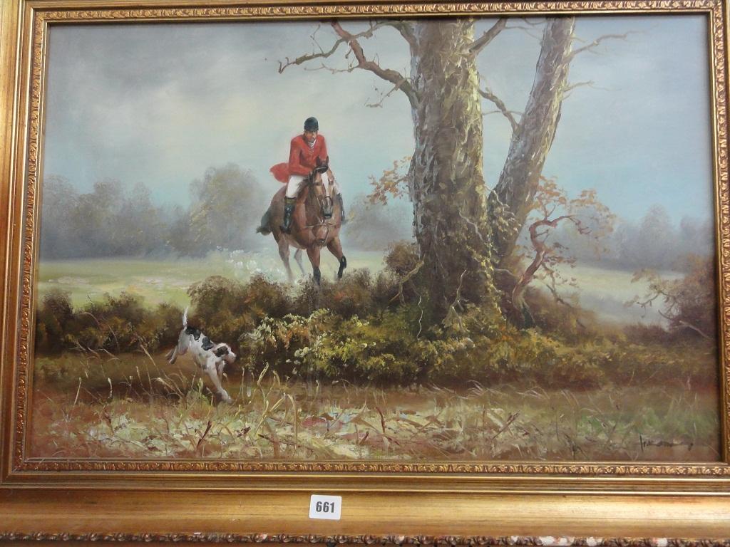 Appraisal: An oil painting on canvas of a hunting scene with