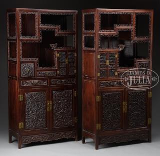 Appraisal: PAIR OF CARVED CURIO CABINETS China th century Each cabinet