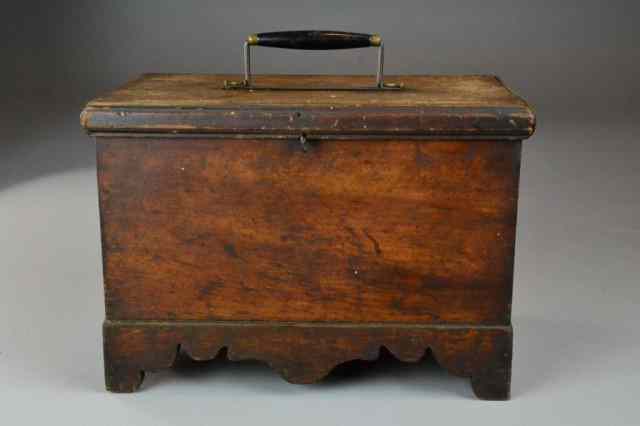 Appraisal: SMALL WOODEN COLONIAL LOCKING CHESTSmall covered wooden chest with original