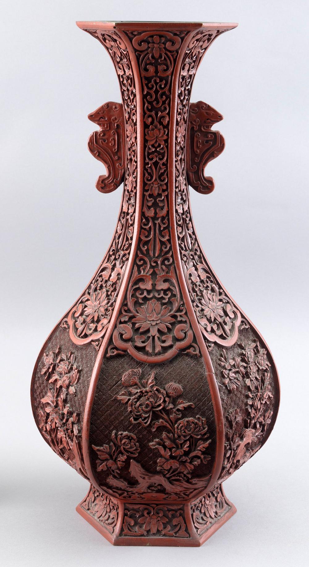 Appraisal: CHINESE CARVED CINNABAR HEXAGONAL BOTTLE VASE LATE TH EARLY TH