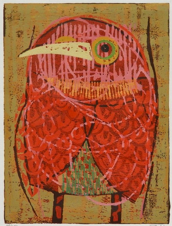 Appraisal: Al Robi Modernist Abstract Color Woodcut of a Bird Al