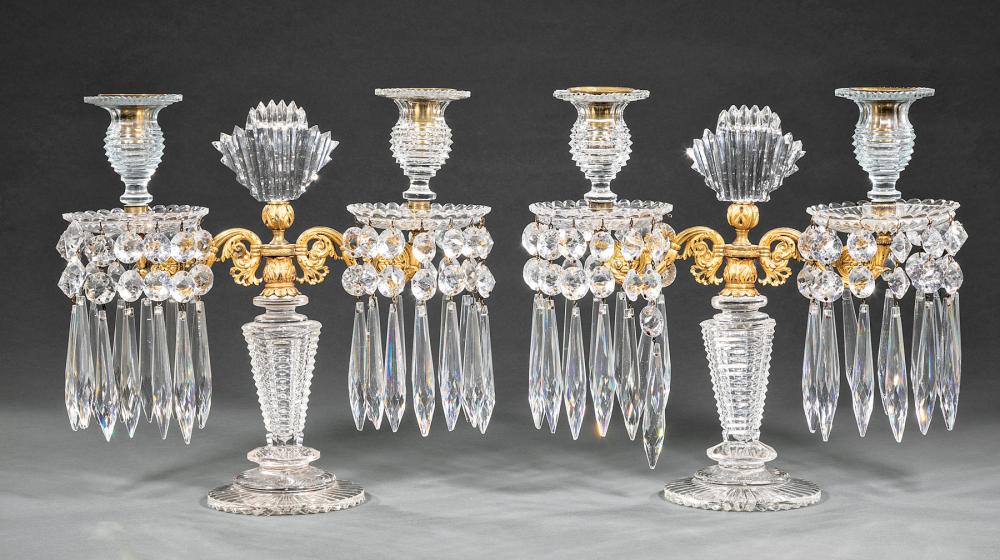 Appraisal: Fine Pair of Regency Cut Glass and Gilt Brass Two-Light