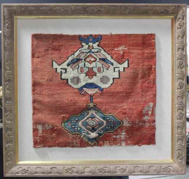 Appraisal: Early Antique Carpet Fragment Framed From a Larchmont NY estate