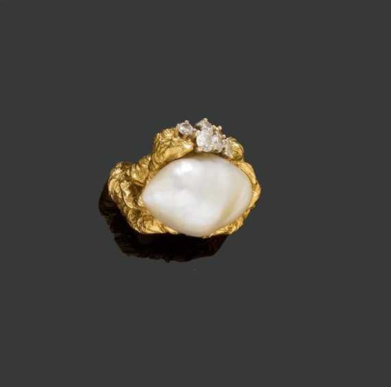 Appraisal: PEARL AND BRILLIANT-CUT DIAMOND RING GILBERT ALBERT Yellow gold Exceptional