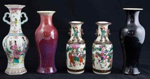 Appraisal: FIVE CHINESE SMALL VASES including a handsome famille rose vase