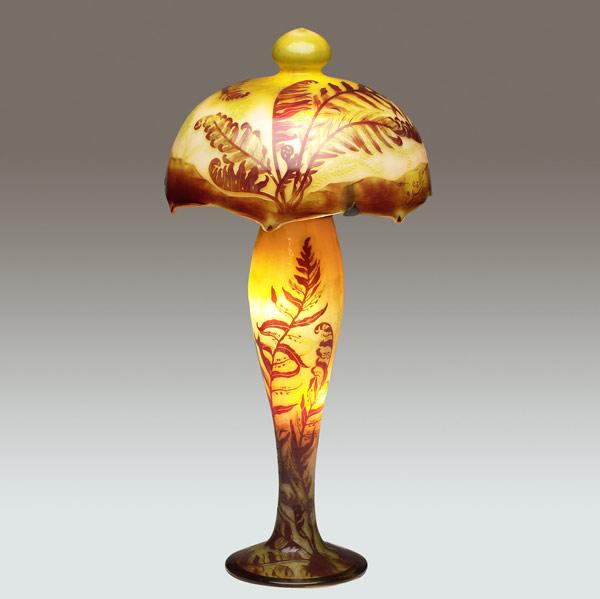 Appraisal: GALLE Fire-polished cameo glass boudoir lamp with ferns in burgundy