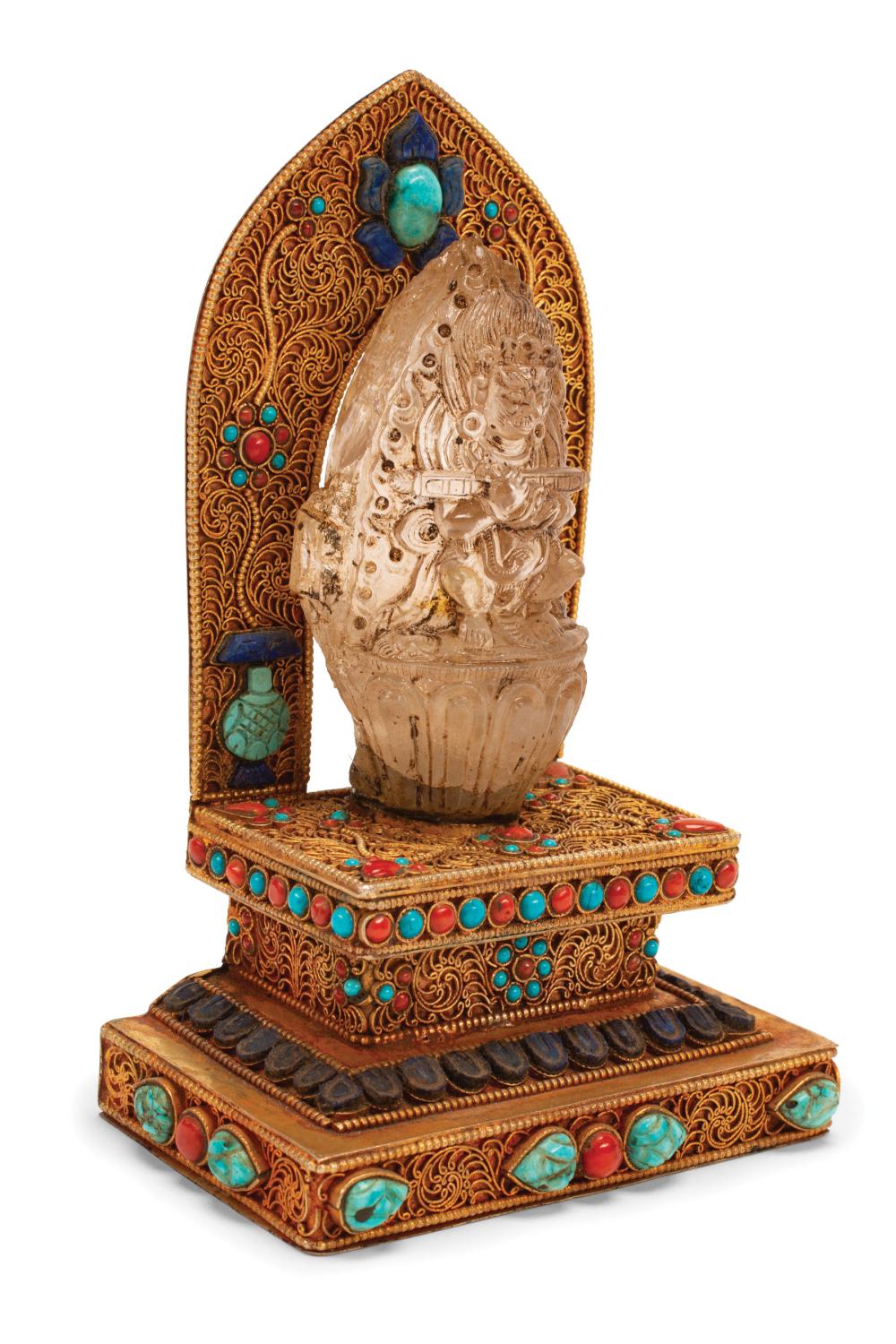 Appraisal: Asian Turquoise and Coral Embellished Gilt Filigree Shrine with Rock