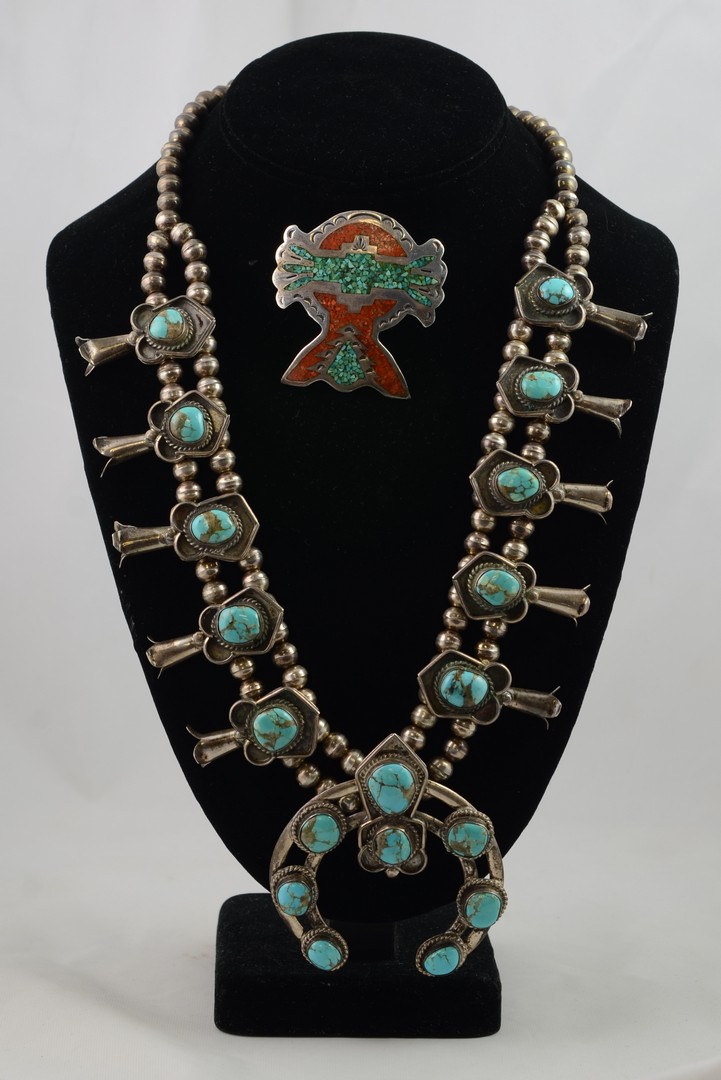 Appraisal: Silver turquoise squash blossom necklace with horseshoe shaped naja long