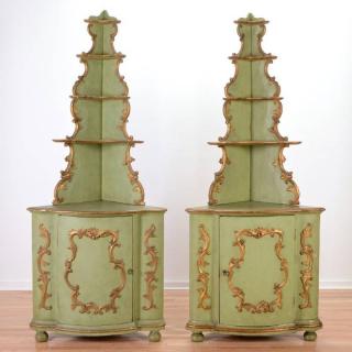 Appraisal: Pair Italian Rococo green painted corner cupboards th c parcel