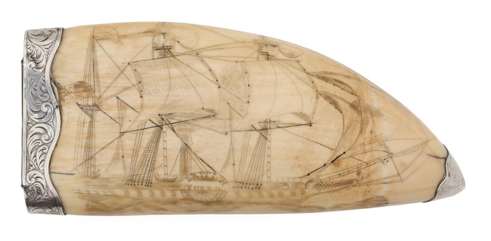 Appraisal: SCRIMSHAW WHALE'S TOOTH DEPICTING THE S S BRITISH QUEEN MOUNTED