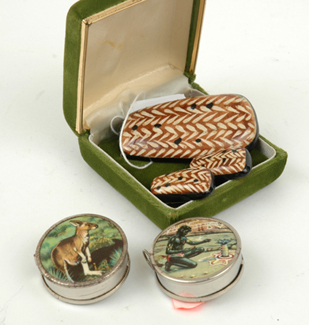 Appraisal: EARTHENWARE BROOCH AND EARINGS Together with two tape measures brooch