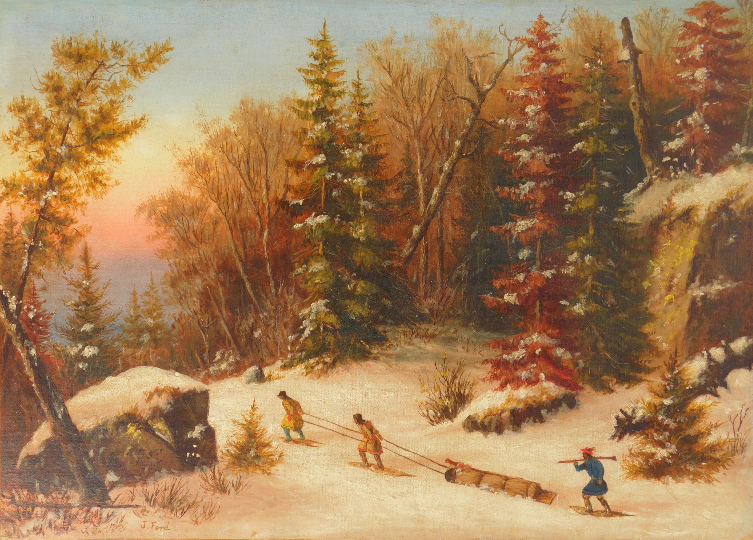 Appraisal: J Ford th c American Trappers in Winter Landscape- oil