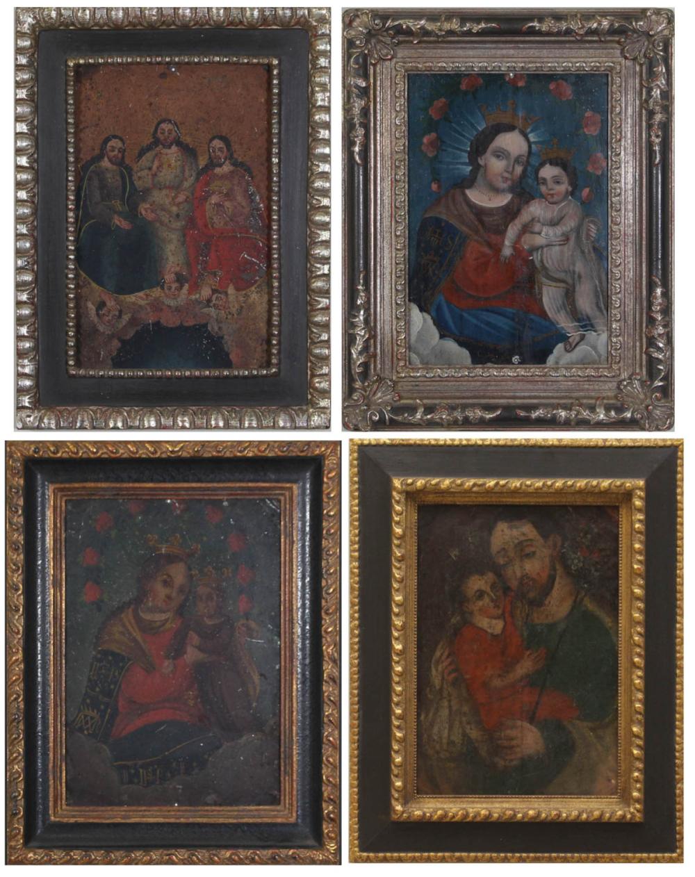 Appraisal: FOUR LATIN AMERICAN RETABLOS Catholic religious paintings on tin Images