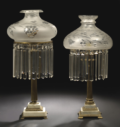 Appraisal: Prism-Hung Gilt-Lacquered Brass and Marble Sinumbra-Style Lamp late th century