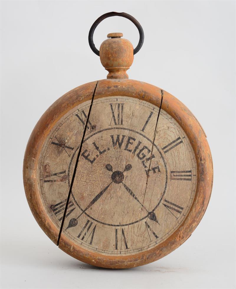 Appraisal: AMERICAN CARVED AND PAINTED WOOD WATCH MAKER'S SIGN The face