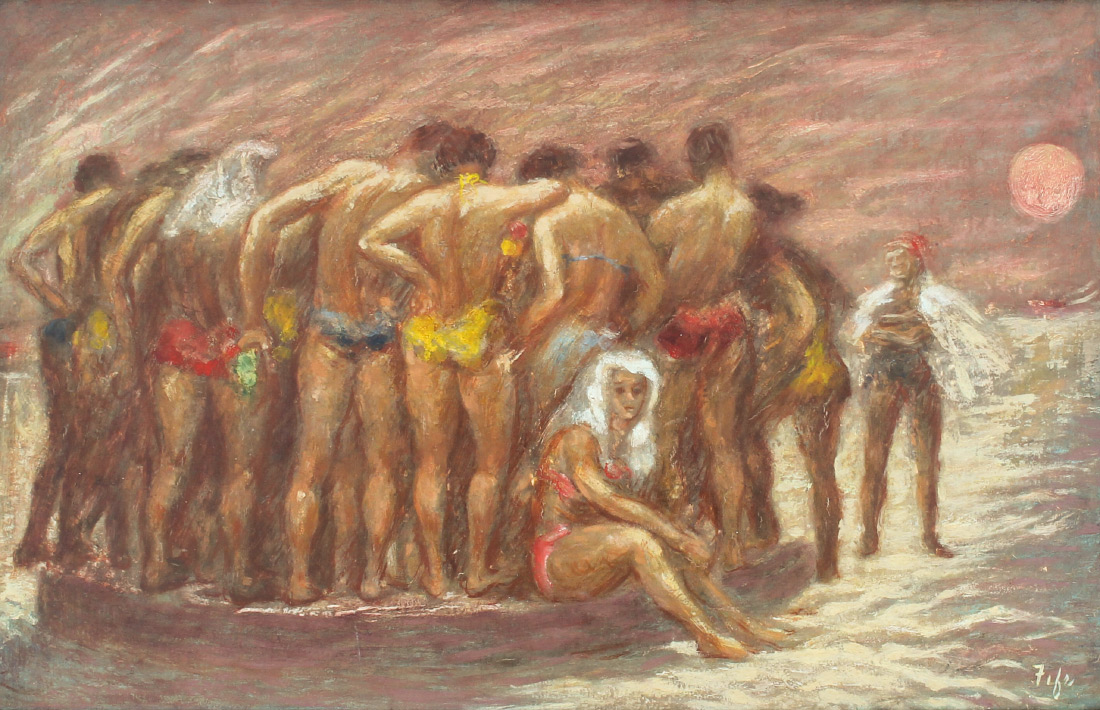 Appraisal: FIFE Mary American - Beach Scene with multiple figures Huddled