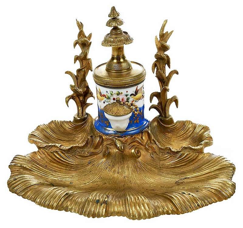 Appraisal: Louis Philippe Gilt Bronze and Porcelain Inkwell French mid th