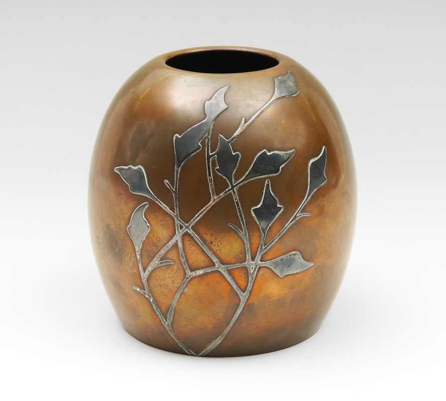 Appraisal: HEINTZ ART METAL STERLING ON BRONZE SQUAT VASE Applied sterling