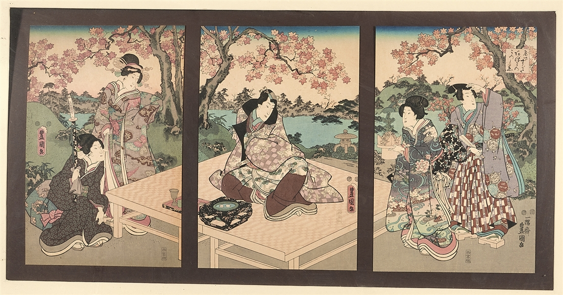 Appraisal: Japanese woodblock print triptych framed x sight approx