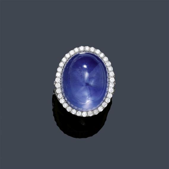 Appraisal: STAR SAPPHIRE AND DIAMOND RING Platinum Fancy ring the top