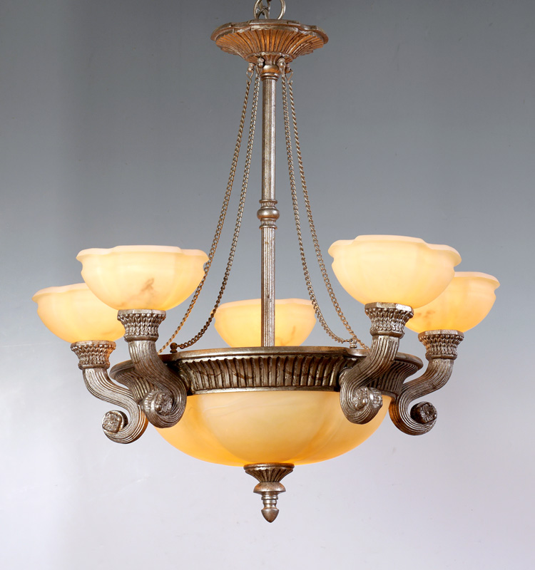 Appraisal: ARM ALABASTER SHADE CHANDELIER Silver painted composite wood frame center