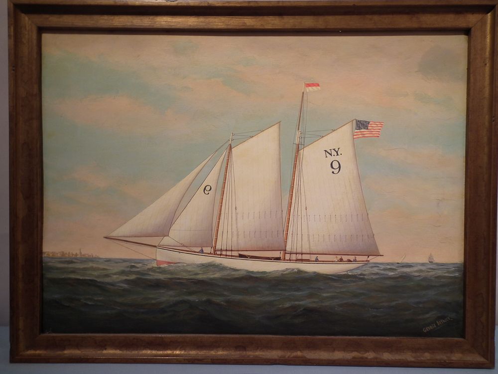 Appraisal: BESWICK NYC YACHT PAINTING Vintage oil painting on wood panel