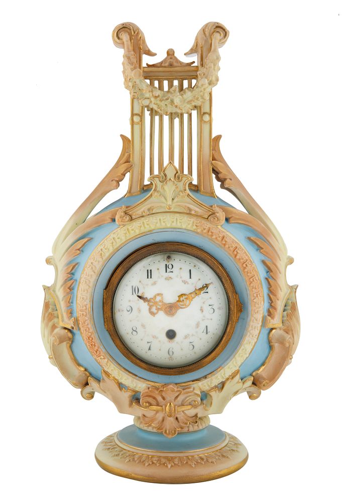 Appraisal: CIRCA ROYAL WORCESTER PORCELAIN LYRE MANTLE CLOCK CIRCA ROYAL WORCESTER