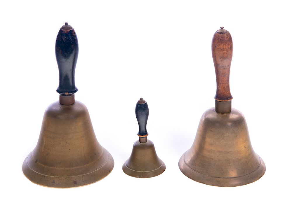 Appraisal: Brass Wood Handled Bells Excellent condition with no damage or