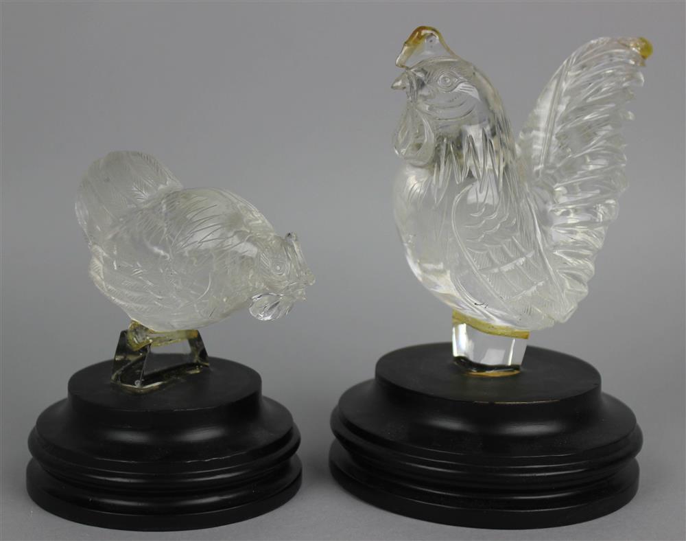 Appraisal: CHINESE ROCK CRYSTAL MODEL OF A COCKEREL AND A HEN