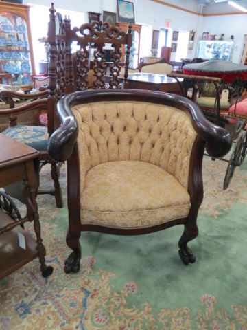 Appraisal: th Century Barrel Back Chair tufted floral brocade lion paw