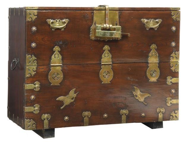 Appraisal: Korean elm zelkova keyaki storage chest bandaji single-board top brass