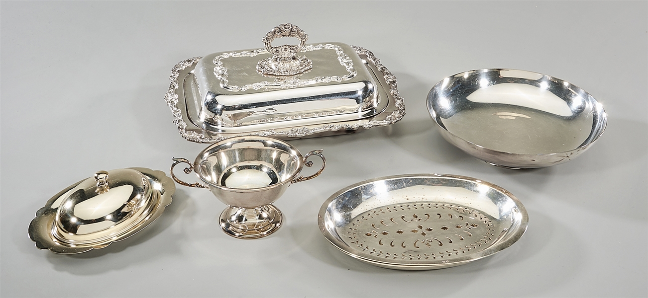 Appraisal: Five various silver plate service items including a covered butter