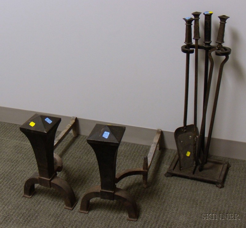 Appraisal: Pair of Bradley Hubbard Arts Crafts Black-painted Iron Pyramidal-top Andirons