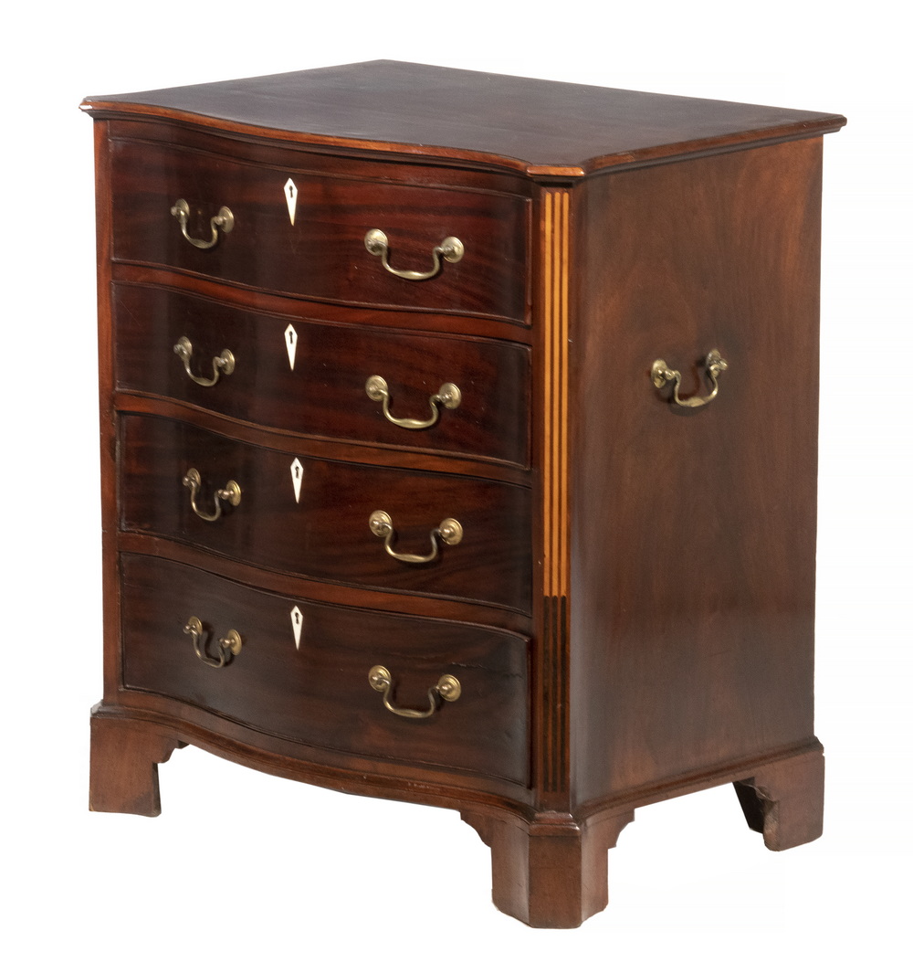 Appraisal: ENGLISH SERPENTINE CHEST Diminutive Mahogany Chest of Drawers with shaped