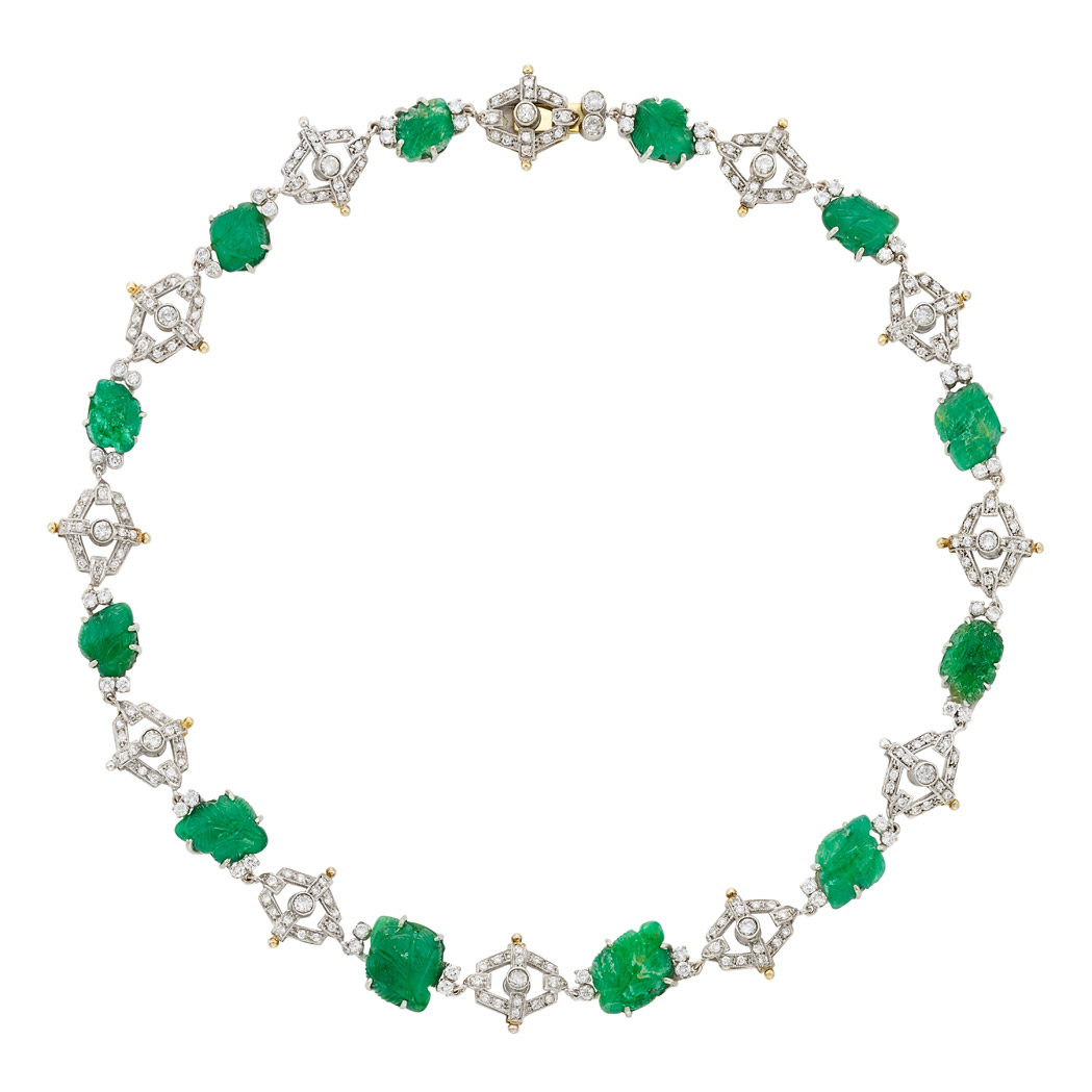 Appraisal: Platinum Gold Carved Emerald and Diamond Necklace carved emerald leaves