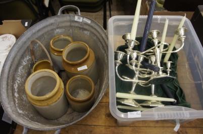 Appraisal: A Old galvanised tin washing bowl stoneware kitchen jars and