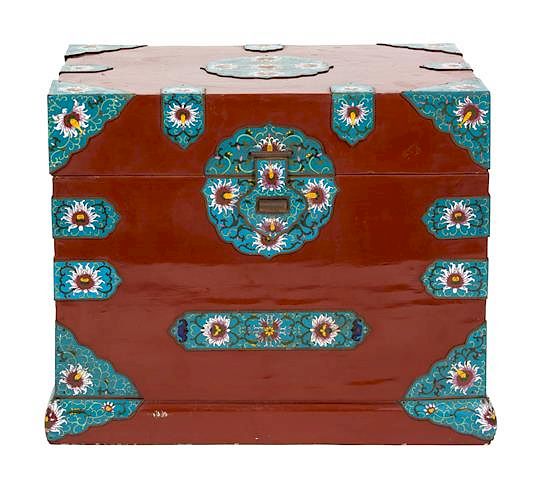 Appraisal: A Chinese Red Lacquer Bride's Box with Champleve Enamel Mounts