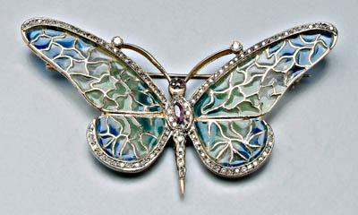 Appraisal: Diamond plique a jour butterfly brooch round brilliant and single-cut