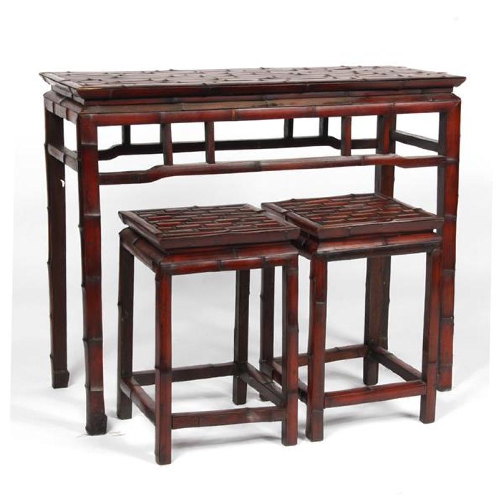 Appraisal: MODERN CHINESE BAMBOO ALTAR CONSOLE TABLE WITH PAIR STOOLS Modern