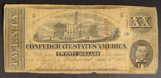 Appraisal: Confederate States of America twenty dollar bill dated April th