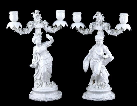 Appraisal: Pair Continental figural porcelain candelabra floral-and-foliate encrusted stem supporting candlearms