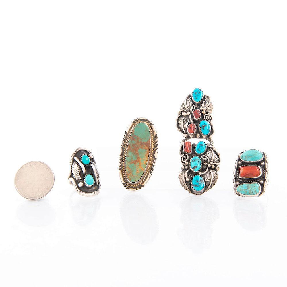 Appraisal: FOUR NATIVE AMERICAN SILVER RINGS TURQUOISE RED CORAL Hallmarked silver