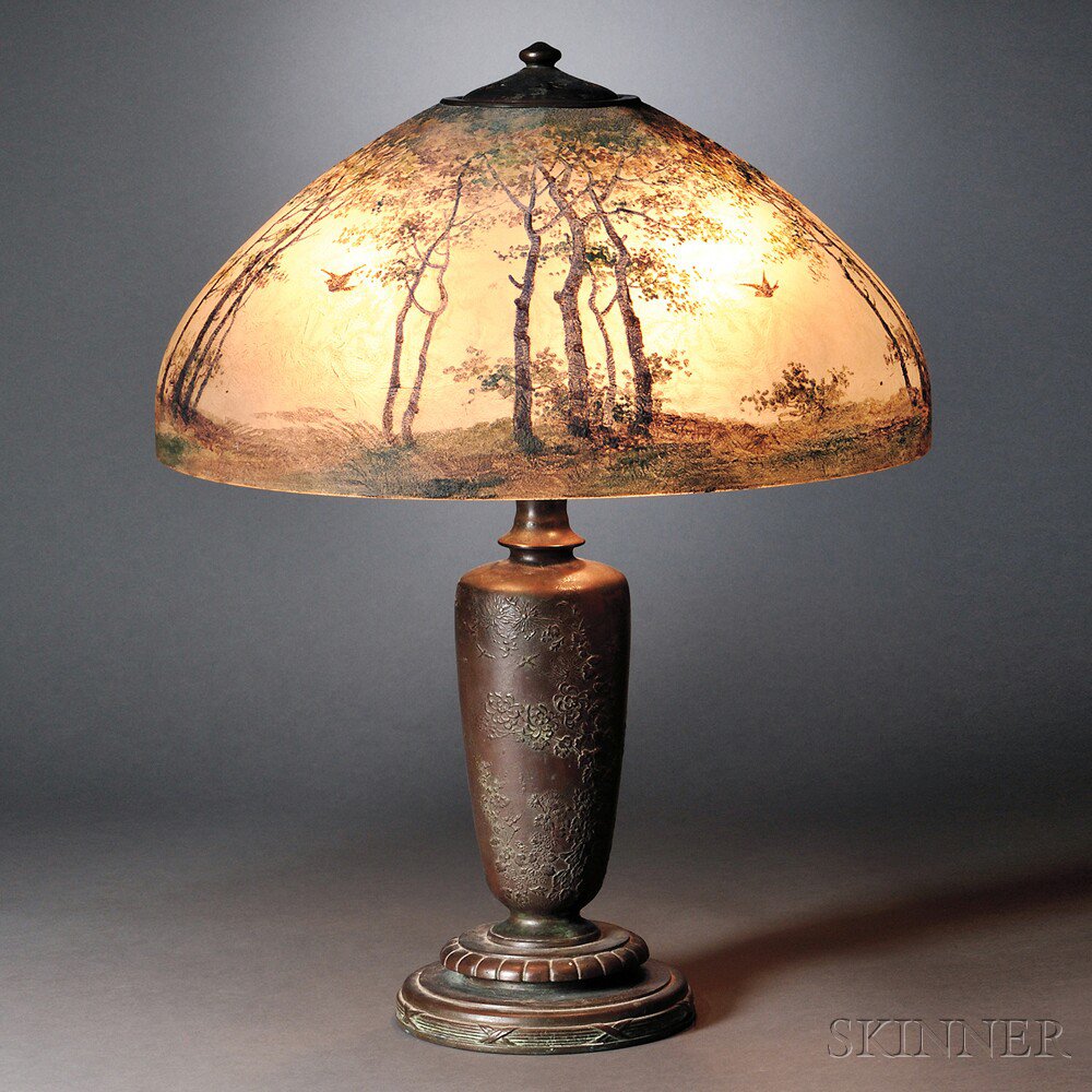 Appraisal: Handel Reverse-painted Table Lamp Art glass patinated bronze Meriden Connecticut