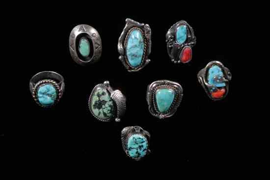 Appraisal: GROUP EIGHT SOUTHWEST NATIVE AMERICAN SILVER AND TURQUOISE RINGS Of