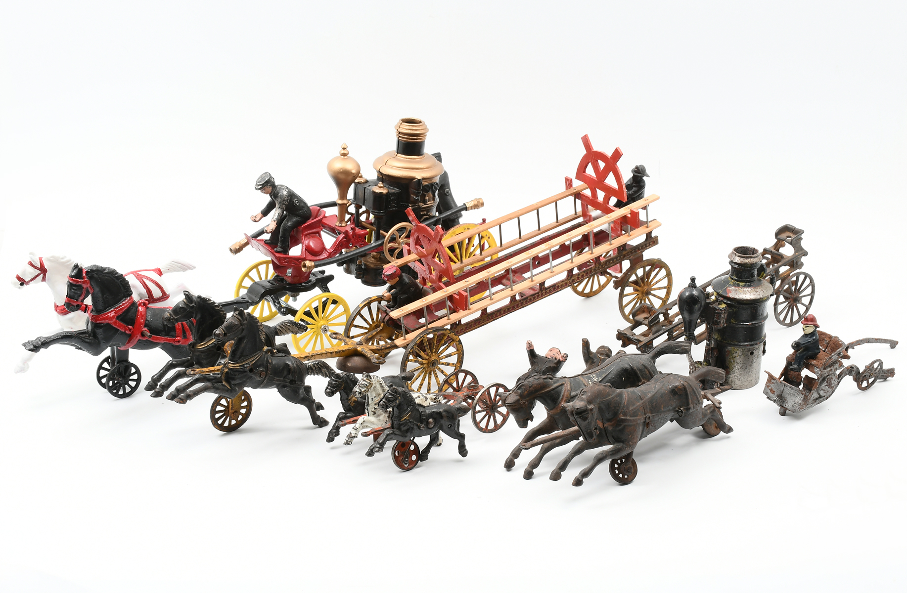 Appraisal: TWO CAST IRON HOOK LADDER FIRE WAGON EXTRAS Comprising -