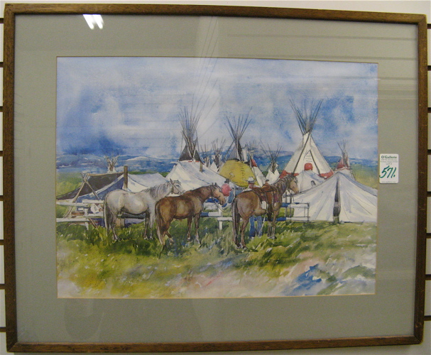 Appraisal: COLOR PRINT from a watercolor depicting Indian teepees figures and