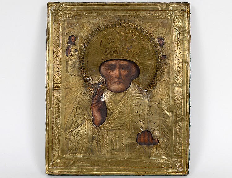 Appraisal: AN ANTIQUE RUSSIAN ICON St Nicholas Oil on Wood with